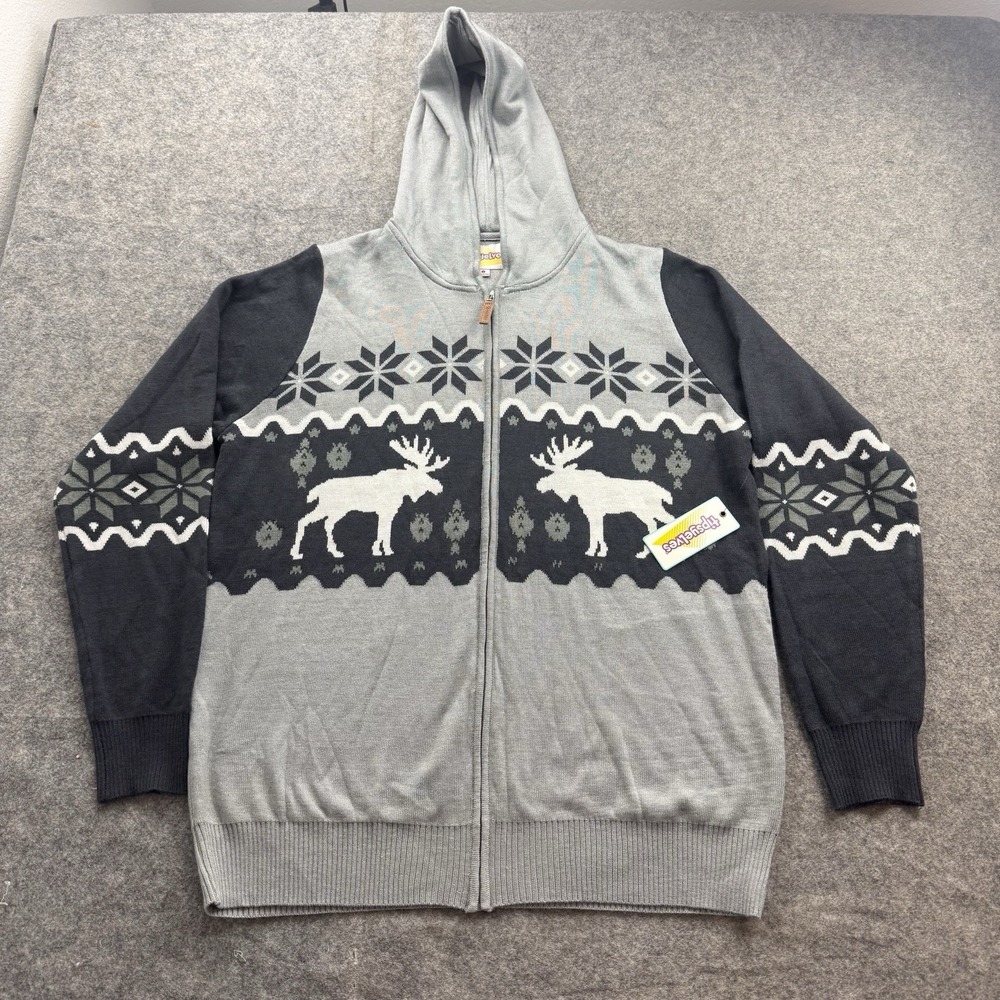 NWT Tipsy Elves Womens Winter Moose Hoodie Large Fair Isle Full Zip NEW Gray